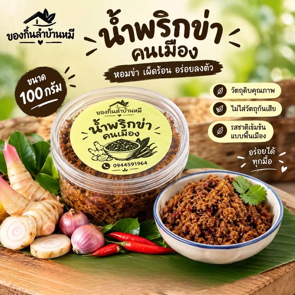 น้ำพริกข่าคนเมือง เก็บได้อุณหภูมิปกติได้นาน 1เดือน