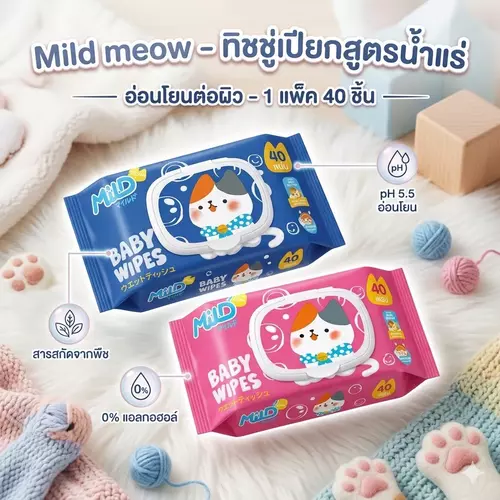 [พร้อมส่ง!] Mild Meow ทิชชู่เปียกสูตรอ่อนโยน (แพ็ค 40 แผ่น) กลิ่นหอมสะอาด สัมผัสนุ่ม ไม่ระคายเคือง เหมาะสำหรับเด็กและผิวแพ้ง่าย พกพาสะดวก ราคาถูกที่สุด!