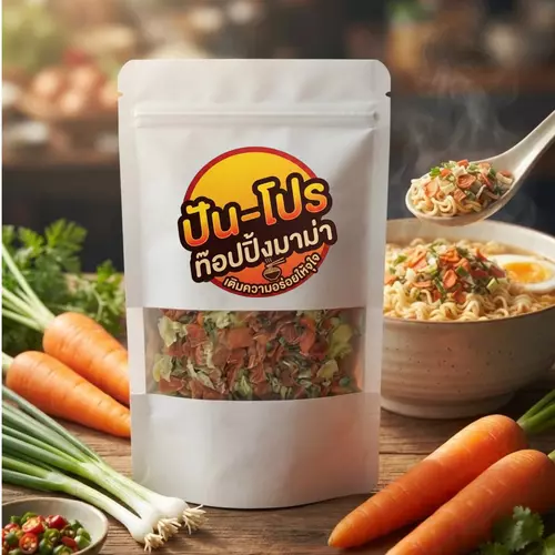 [50g.] ผักรวมอบกรอบ ปัน-โปร Punpro ผักรวมอบกรอบ ท๊อปปิ้งมาม่า ใส่โรยเป็นท๊อปปิ้งในมาม่า ประกอบด้วย ผัก แครอท ข้าวโพด ต้นหอม