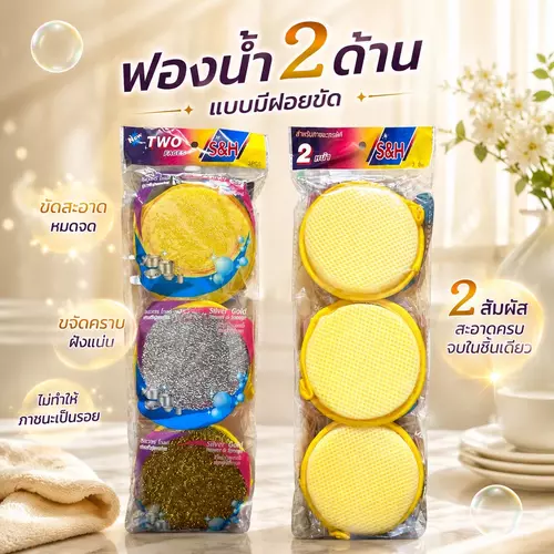 [แพ็ค 3 ชิ้น!] ฟองน้ำล้างจาน 2 ด้าน มีฝอยขัด ฟองน้ำคุณภาพดี 2in1 ใช้งานได้ทั้งฝั่งนุ่มถนอมภาชนะ และฝั่งฝอยขัดคราบหนัก ราคาถูกที่สุด!