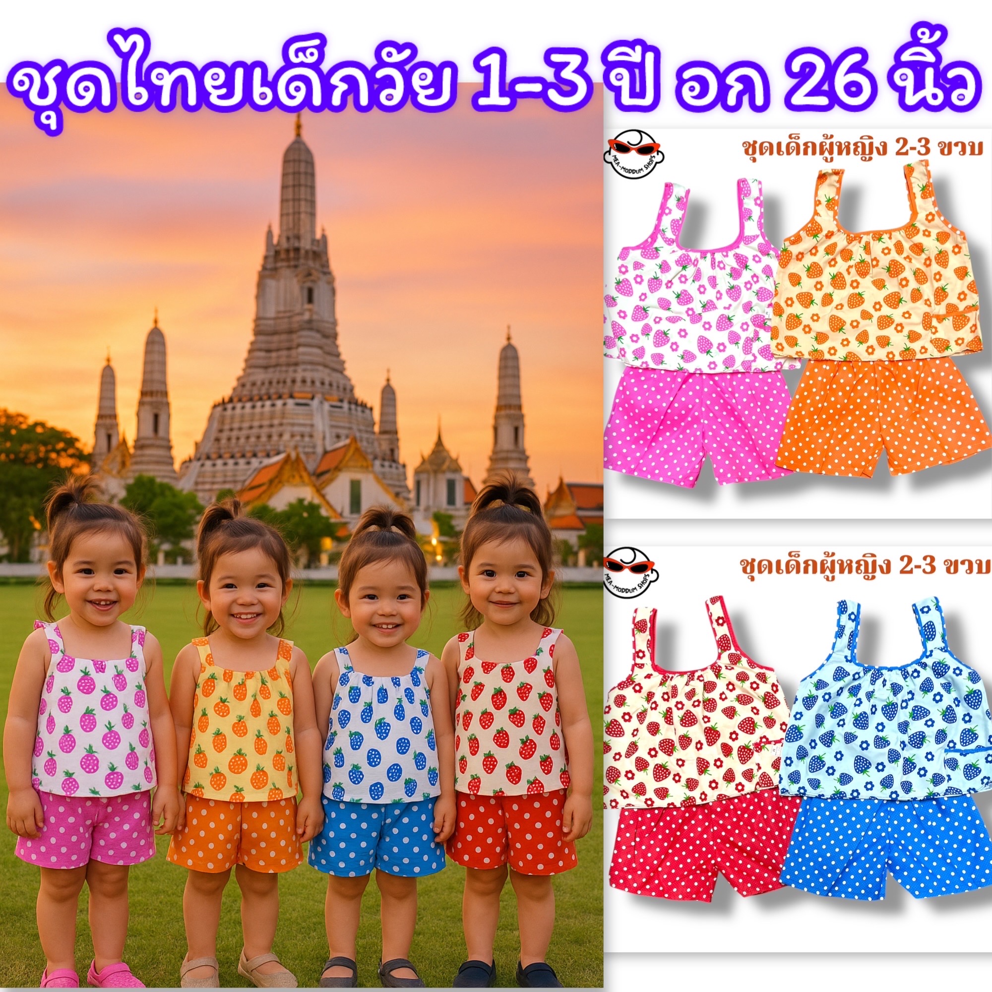 ชุดคอกระเช้าเด็ก 1-3 ปี ชุดไทยเด็กหญิง อก 26 นิ้ว ชุดพื้นบ้านเด็ก ใส่ไปโรงเรียนได้