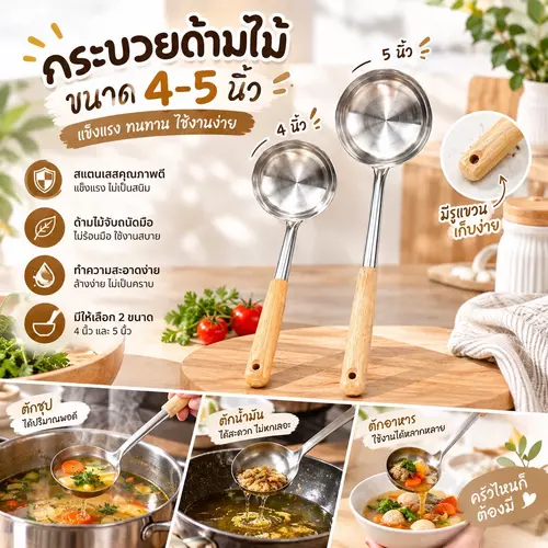 กระบวยสแตนเลส ด้ามไม้ มี 2 ขนาด (4 นิ้ว / 5 นิ้ว) 🥄🔥✨ สแตนเลสหนา แข็งแรง ทนทาน ด้ามไม้จับถนัดมือ