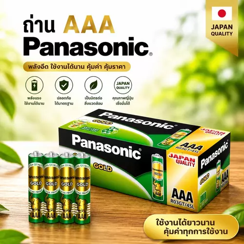 [ของแท้ 100%] ถ่านไฟฉาย Panasonic ขนาด AAA ก้อนเขียว GOLD (แพ็ค 4 ก้อน) ถ่านแมงกานีส R03GT/4SL 1.5V