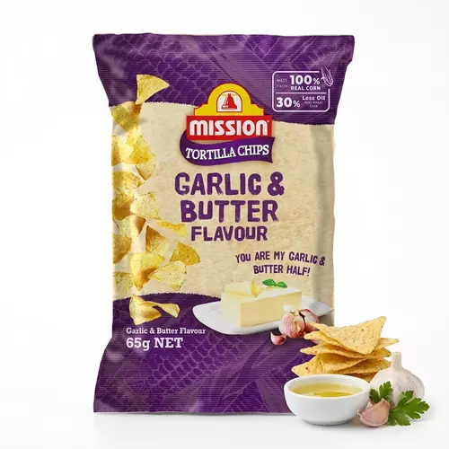 แป้งกรอบ นาโช่  Mission Tortillas Chips 65g - Butter & Garlic พร้อมทาน