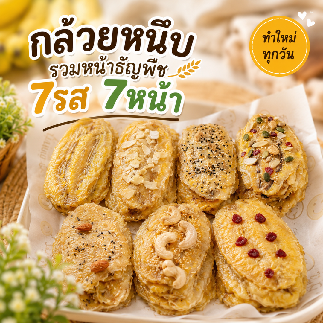 กล้วยหนึบโฮมเมด กล้วยน้ำว้า หน้ารวม แบบคละรวม7 หน้า 7รสชาติ ทำใหม่ๆทุกวัน หนึบไม่แข็ง หวานน้อย ไม่ใส่น้ำตาล