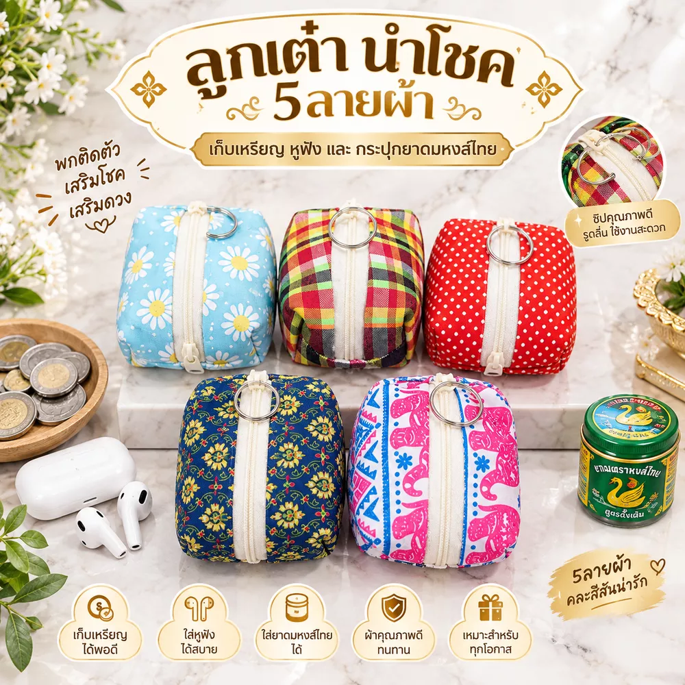 กระเป๋าทรงลูกเต๋า นำโชค มี5ลายผ้า ใส่เหรียญ เก็บหูฟังหรือกระปุกยาดมหงส์ไทยได้:Baghouse