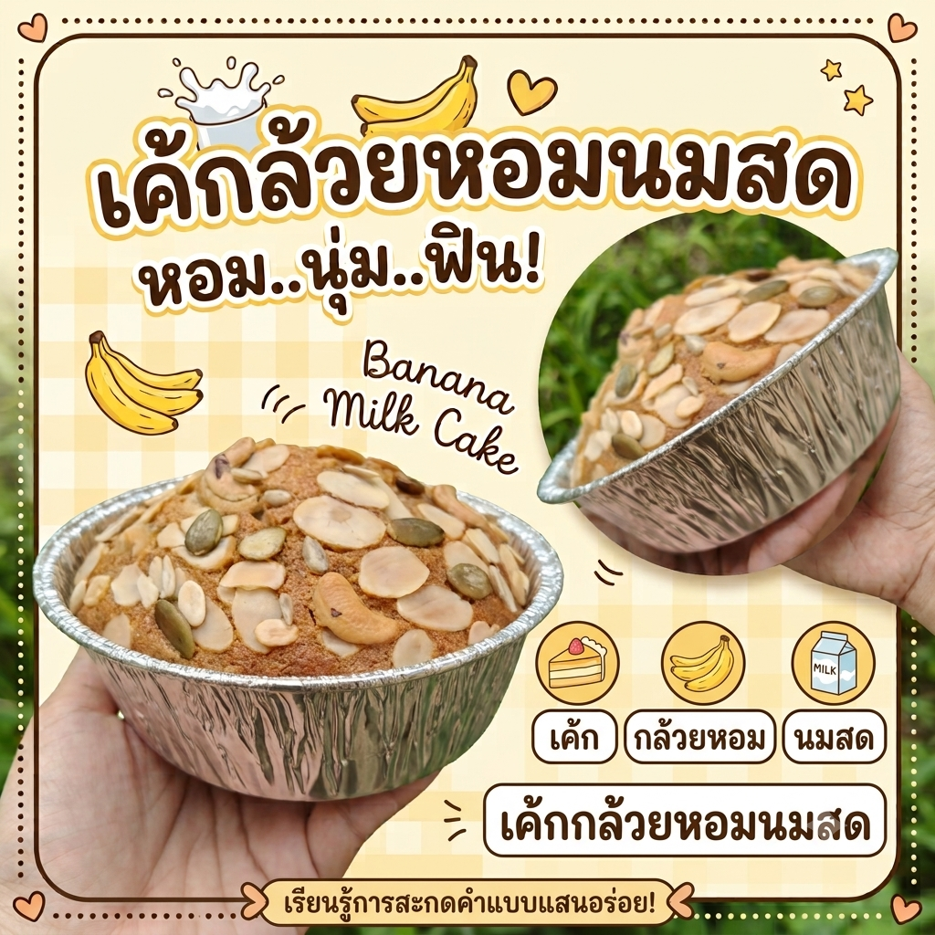 เค้กกล้วยหอมนมสด นุ่ม หวานน้อย อบใหม่วันต่อวัน จัดส่งสินค้าภายใน 1-2 วัน