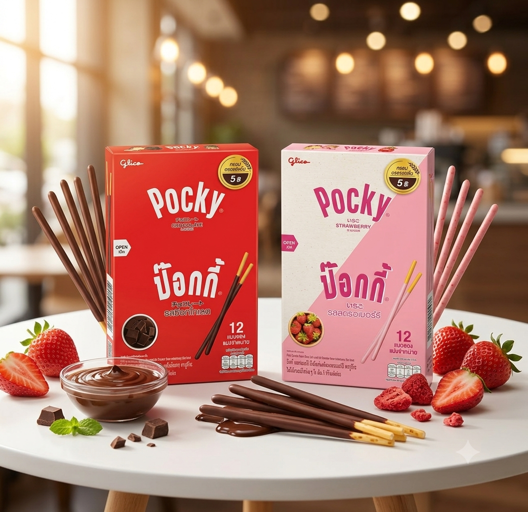 Glico Pocky กูลิโกะ ป๊อกกี้ (10กรัม บรรจุ 12 ซอง) บิสกิตแท่งเคลือบครีมเข้มข้น กรอบอร่อยเคี้ยวเพลิน ช็อกโกแลต & สตรอเบอร์รี่