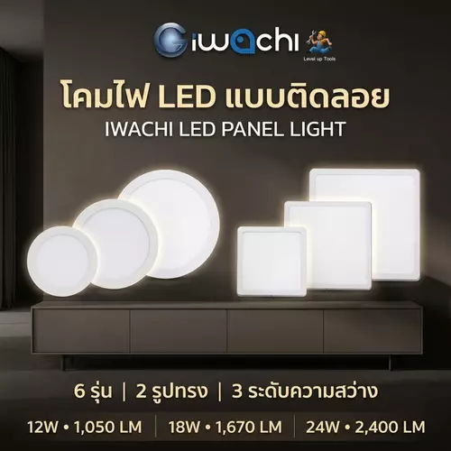 IWACHI โคมพาแนล(ติดลอย)โคมไฟดาวน์ไลท์ 12W 18W 24W แบบกลม/แบบเหลี่ยม Downlight Panel LED สำนักงาน แสงขาว แสงวอร์มไวท์