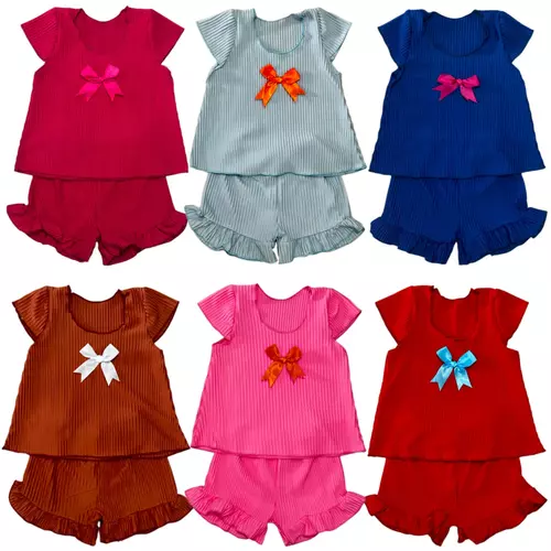 ชุดเซ็ตเด็กผ้าร่อง สีพื้น เสื้อ+กางเกง ติดโบว์ เนื้อผ้าลื่นพริ้ว ไม่ร้อน