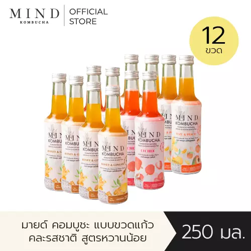 มายด์ คอมบูชะ ขวดแก้วพร้อมดื่ม สูตรน้ำตาลน้อย [12 ขวด] ขนาด 250 มล. (50 แคล)