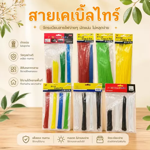 สายเคเบิ้ลไทร์ (Cable Tie) ขนาด 10, 15, 20, 25 ซม. [มีให้เลือก 7 แบบ/6 สี] สายรัดสายไฟ เหนียว แน่น ไม่ขาดง่าย