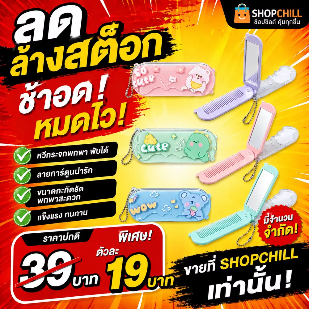 ลดล้างสต๊อก หวีกระจกพกพา พับได้ ลายการ์ตูน