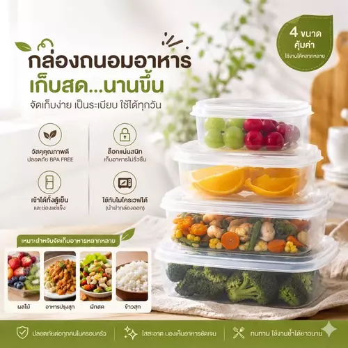 [มี มอก. ผลิตไทย] กล่องเวฟเหลี่ยมพร้อมฝา กล่องถนอมอาหารอเนกประสงค์ เข้าไมโครเวฟได้ มี 4 ไซส์