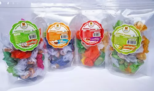 ทอฟฟี่กะทิ,งา,ทุเรียน,ถั่วลิสง แม่นงเยาว์ 100กรัม