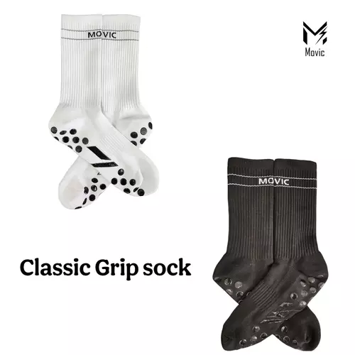 ถุงเท้ากันลื่น Movic Classic Grip Sock สีขาวและดำ ขนาดเท้า 17  cm.ขึ้นไป เด็ก ผู้ใหญ่