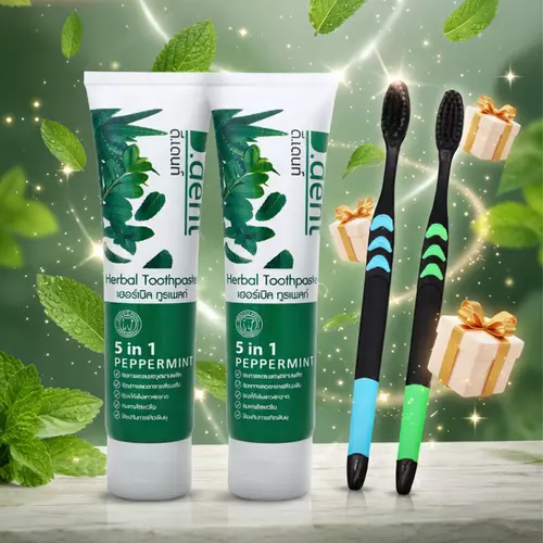 (โปรโมชั่น 2 หลอดแถมแปรงชาโคล 2 ด้าม) D.dent Herbal Toothpaste 100g. ยาสีฟันสมุนไพร ดีเด้นท์ แบบ 5-in-1