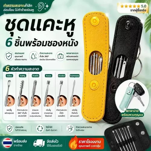 ชุดแคะหูสแตนเลส 6 ชิ้น พร้อมซองหนัง พวงกุญแจพกพา ชุดทำความสะอาดหู Stainless Steel Ear Pick Set