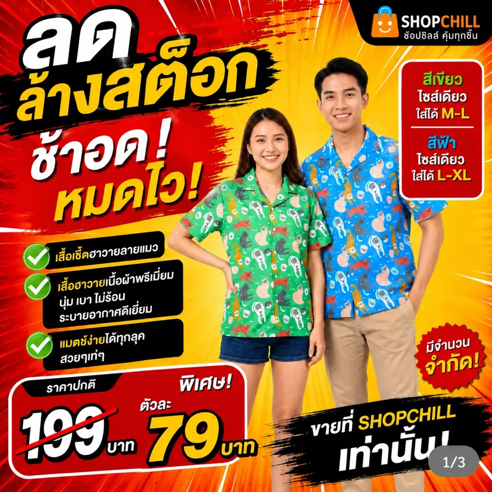 ลดล้างสต๊อก เสื้อฮาวายลายแมว เนื้อผ้าสุดนุ่มนิ่มเกรดพรีเมียม