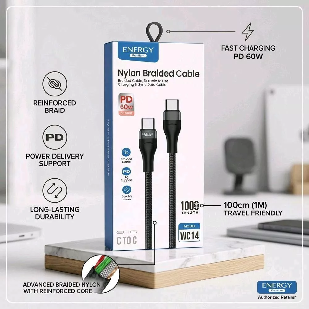 Energy Premum iสายชาร์จ สายเคเบิลไนลอนถัก C to C ความยาว 100 ซม. รองรับ PD 60W Fast Charger รุ่น WC14-TC