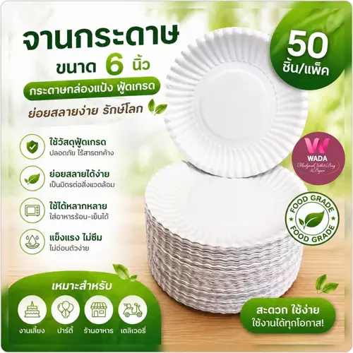 จานกระดาษ6นิ้วสีขาวกระดาษFood gradeกล่องแป้งสำหรับจัดปาร์ตี้รองขนมรองเค้ก50ใบ/แพ็ค