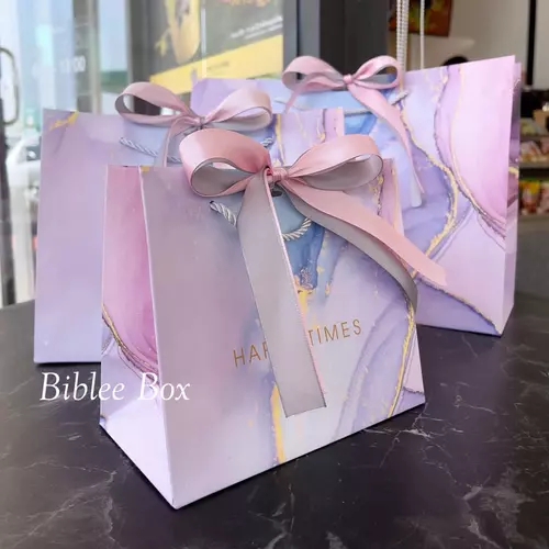 ꒰แพ็ค5ใบ꒱ถุงกระดาษ HAPPY TIMES โทนสีม่วงพาสเทล ริบบิ้นทูโทน สีชมพู-เงิน