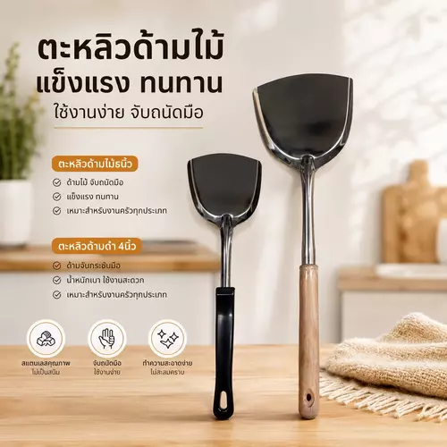 [พร้อมส่ง!] ตะหลิวสแตนเลส มี 2 รุ่นให้เลือก (ด้ามไม้ 5 นิ้ว / ด้ามดำ 4 นิ้ว) 🍳✨ สแตนเลสหนา แข็งแรง ทนทาน ด้ามจับถนัดมือ ไม่ร้อน