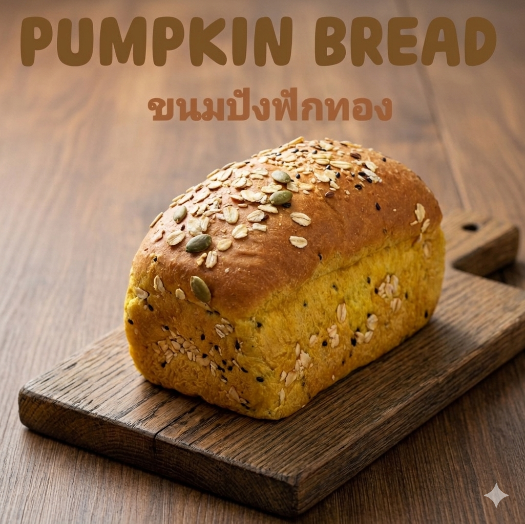 ขนมปังฟักทอง Pumpkin Bread เพื่อสุขภาพ ใช้นมข้าวโอ๊ต ใช้ฟักทองออร์แกนิค มีส่วนผสมของเนื้อฟักทองมากถึง 50 %