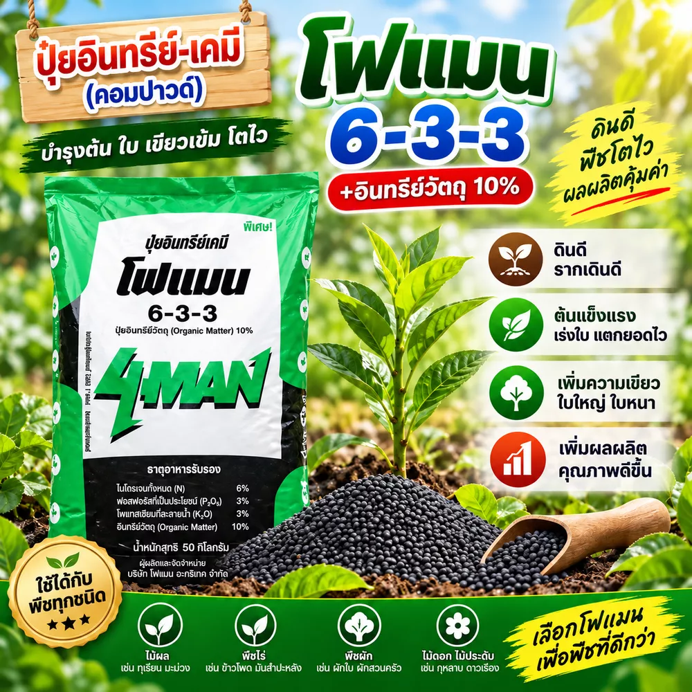 (1 กก.) 4MAN ปุ๋ยอินทรีย์-เคมี 6-3-3 ผสมอินทรีย์ 10% สำหรับการปลูกพืชที่มีคุณภาพสูง ด้วยส่วนผสมที่มีคุณค่าทางอาหาร