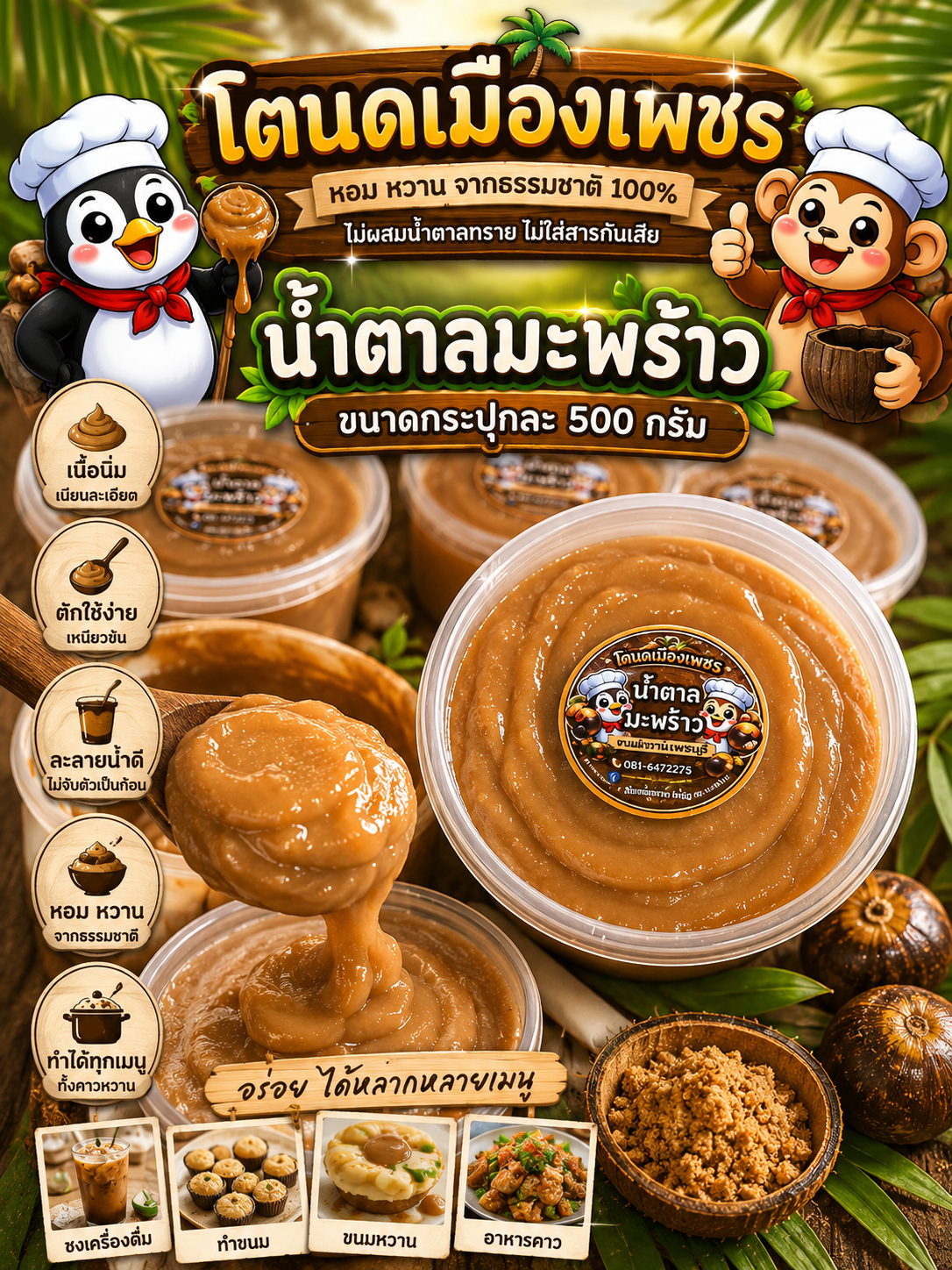 น้ำตาลมะพร้าว  ขนาดกระปุกละ 500 กรัม