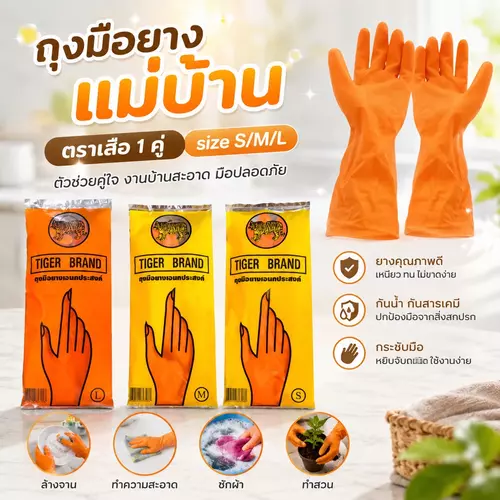 🧤✨ ถุงมือยางตราเสือ สีส้ม (แพ็ค 1 คู่) 🧡 มีไซส์ S / M / L ยางหนาทนทาน ป้องกันมือขณะทำงาน กันเคมี กันน้ำ กระชับมือ ราคาถูกที่สุด!