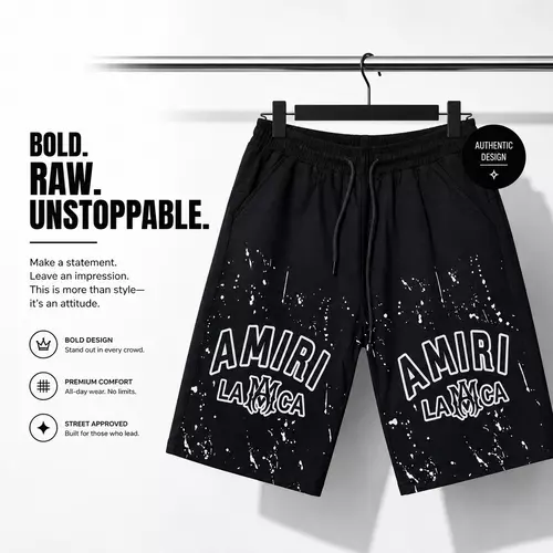 STREET แฟชั่น กางเกงขาสั้น พิมพ์ลาย เวอร์ชั่นดำ UNISEX