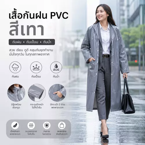 🌦️ พร้อมลุยทุกสภาพอากาศ! เสื้อกันฝนสีเทา กันน้ำ กันฝน ฟรีไซส์