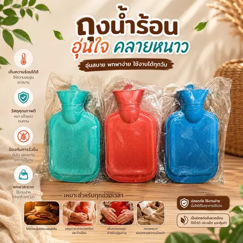 กะทัดรัด 380ml พกไปออฟฟิศสบาย ถุงน้ำร้อนลดปวดไซส์มินิ ฝาปิดแน่นสนิทไม่รั่วซึม ประคบท้องเมนส์ ประคบต้นคอ/บ่า/ไหล่