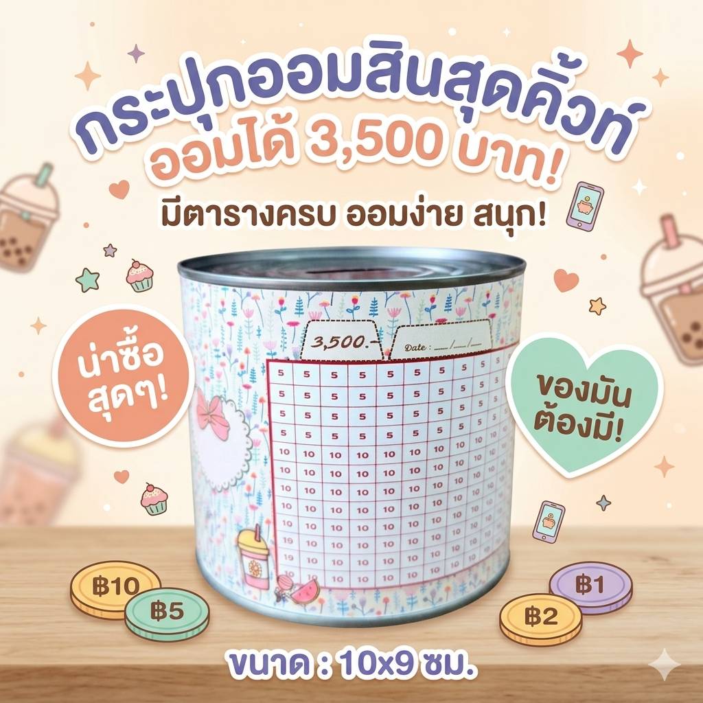 กระปุกออมสินมินิ ขนาด 9×10ซม. พร้อมตารางออมเงิน