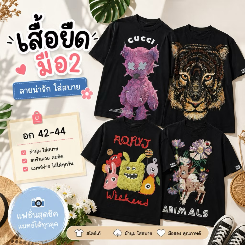 เสื้อยืดมือสอง Oversize XL อก42-44 เสื้อยืดสีดำ สตรีทเกาหลี เสื้อยืดแฟชั่น ผู้หญิง ผู้ชาย ใส่ได้ เสื้อยืดโอเวอร์ไซส์