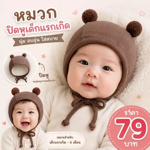 หมวกเด็กแรกเกิด หมวกเด็กอ่อนหมวกกันหูทารก มีหูน้อยน่ารักๆ สำหรับเด็กแรกเกิด มี5 สีให้เลือก นิ่มมาก