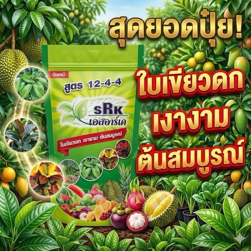 ปุ๋ยเร่งใบเขียวสด เงางาม ต้นสมมบูรณ์ แก้ใบเหลือง โตเร็ว ใช้ได้กับพืชทุกชนิด SRK สูตร12-4-4