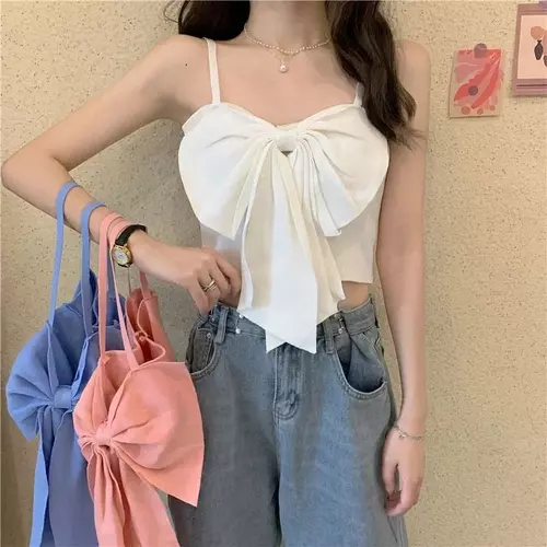 Pinkybra สายเดี่ยว พาสเทล ผูกโบว์ใหญ่ อก32-38 ใส่ได้ ระบายอากาศ เสื้อเที่ยว ผู้หญิง