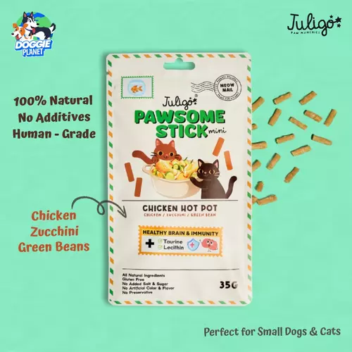 Juligo Pawsome Stick Chicken Hot Pot ขนมสุนัข ขนมแมว แท่งจิ๋ว สูตรเนื้อไก่ & ซูกินี ไม่เค็ม ไขมันต่ำ 35 g