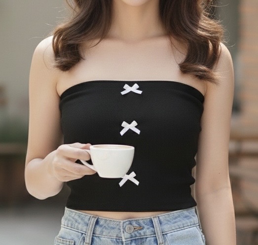 เสื้อเกาะอกผ้าร่อง แต่งโบว์🎀