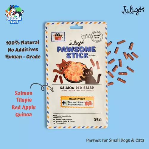 Juligo Pawsome Stick Salmon Red Salad ขนมสุนัข ขนมแมว แท่งจิ๋ว สูตรแซลมอน & ซูเปอร์ฟู้ด ไม่เค็ม บำรุงขน 35 g