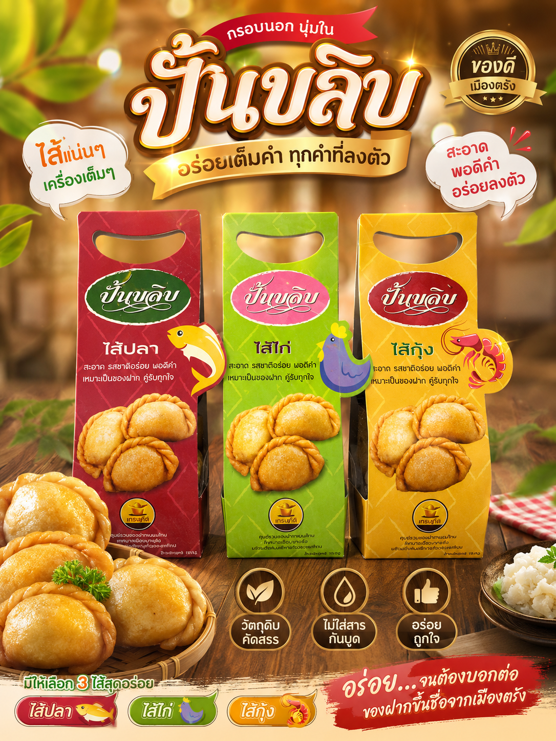ปั้นขลิบ เศรษฐณี ปั้นขลิบโบราณไส้กุ้ง ไส้ปลา และไส้ไก่ น้ำหนัก 150 กรัม