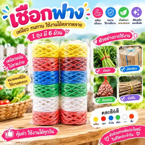 🧵 เชือกฟางพลาสติก 1 ถุง มี 6 ม้วน เหนียวทนทาน ไม่ขาดง่าย มีให้เลือก 2 แบบ(แบบลวด / แบบแบน)คละสีสดใส 6 สี ขนาดพอดีมือ