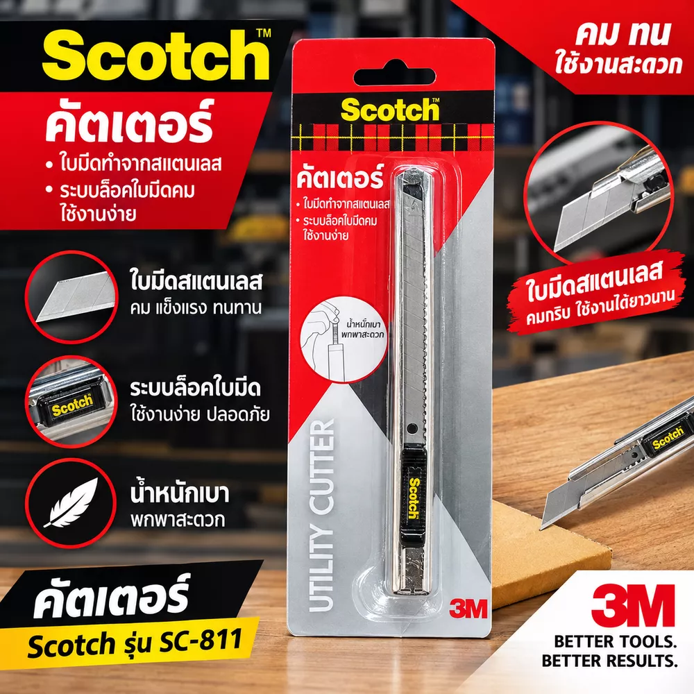 มีดคัตเตอร์ 3M Scotch รุ่น 45S ขนาด 9 มม. ด้ามสแตนเลส มาพร้อมระบบล็อคอัตโนมัติ