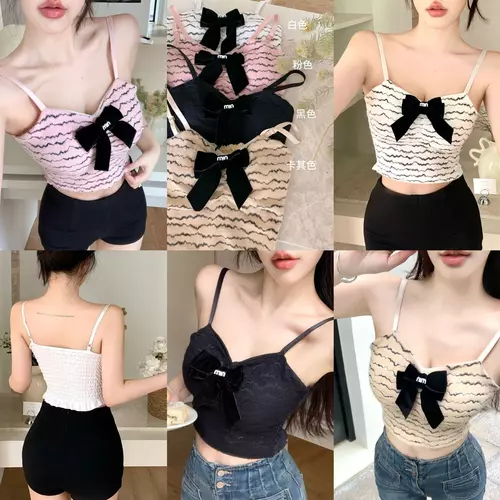 Pinkybra เสื้อสายเดี่ยวผ้าย่น แต่งโบว์หน้าใหญ่ ลุคหวานเกาหลี ฟรีไซต์ อก28-38นิ้ว เหมาะสำหรับใส่คาเฟ่