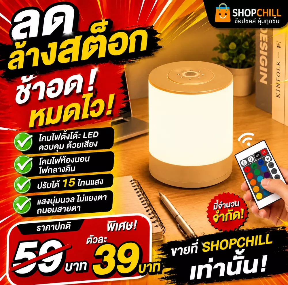 ลดล้างสต๊อก โคมไฟกลางคืน อเนกประสงค์ 15 สี