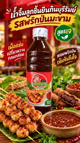 น้ำจิ้มลูกชิ้น ยืนกิน รสพริกป่นมะขามขนาด 500 ML สูตรเจ