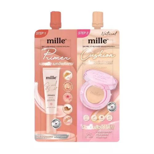 ดูโอ้ ไพรเมอร์ + คุชชั่น แมทท์ Mille 2in1 Bright Primer& Perfect Matte Cushion ( ซอง ) มีให้เลือก 3 เบอร์