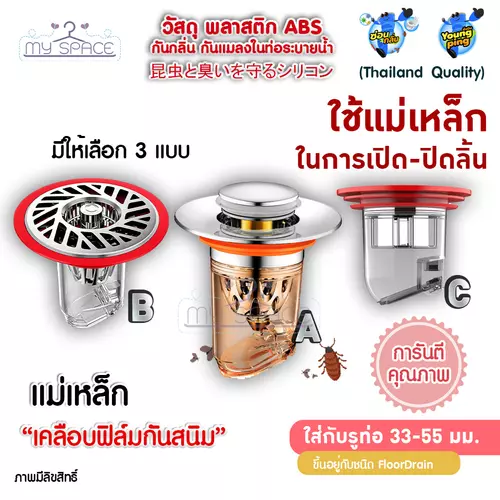 SaunGlin กันแมลง  ในท่อน้ำทิ้ง  แบบใช้แรงผลักแม่เหล็กในการปิด-เปิด